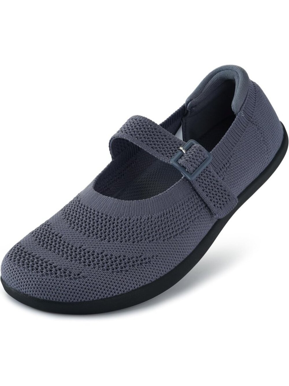 Women's Grey Knit Mary Jane Wide Toe Box Zero Drop Sole Adjustable Straps Flats